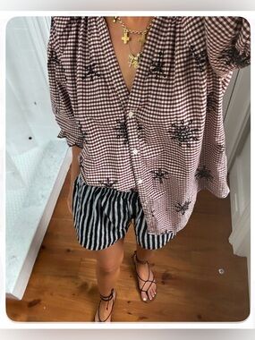 Zara cotton gingham embroidered puff sleeve shirt women’s xs